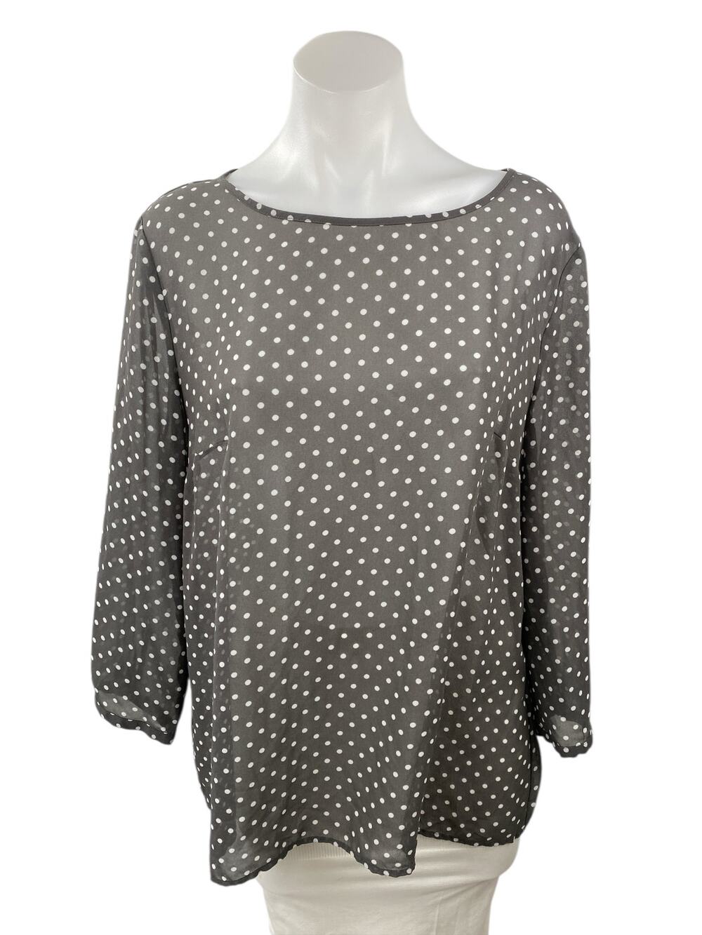 Ann Taylor LOFT Black Polka Dots Semi Sheer Long Sleeve Shirt Blouse Top Size L